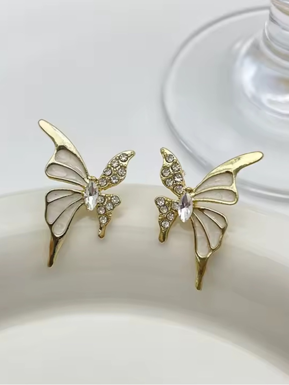 Anthropologie Gold Tone Butterfly Stud Earrings with White Accents